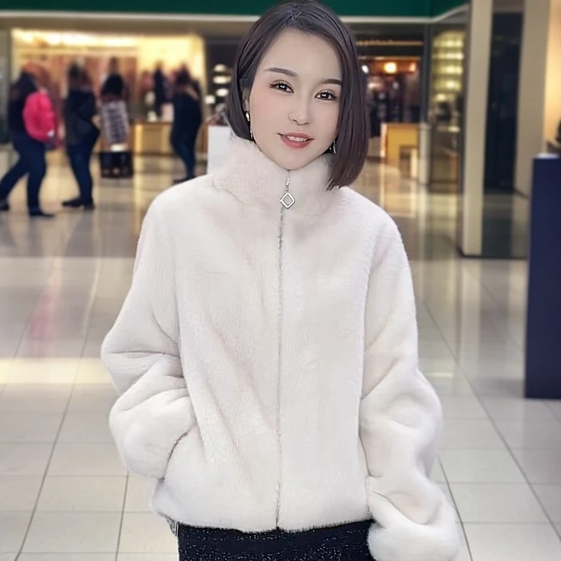 【七色貂】拉链时尚妈妈欧貂绒皮毛一体立领短款款女外套