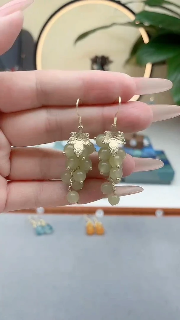 银S925镶嵌东陵石耳饰00葡萄青色