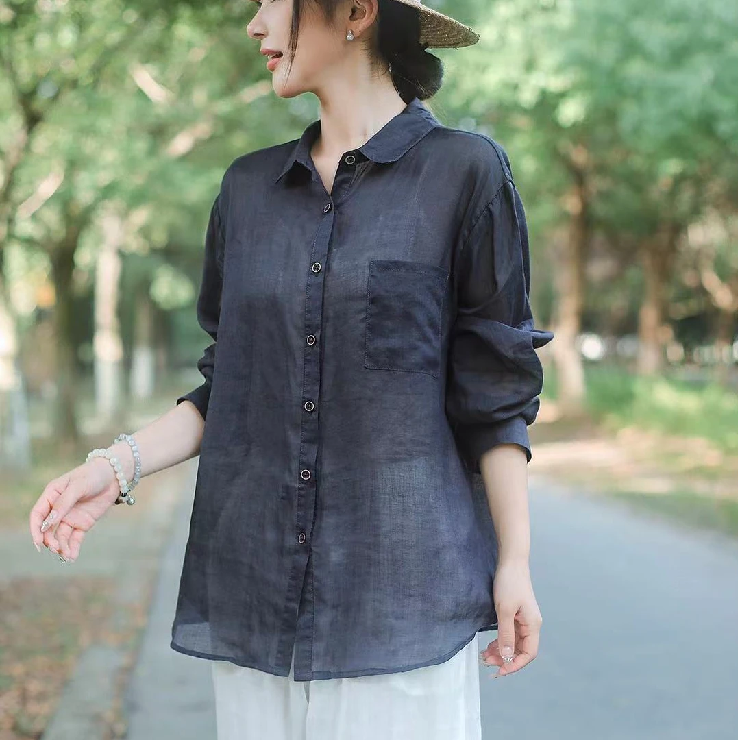 【悦兮】2025春季新款文艺宽松百搭休闲洋气时尚气质纯色女衬衫096