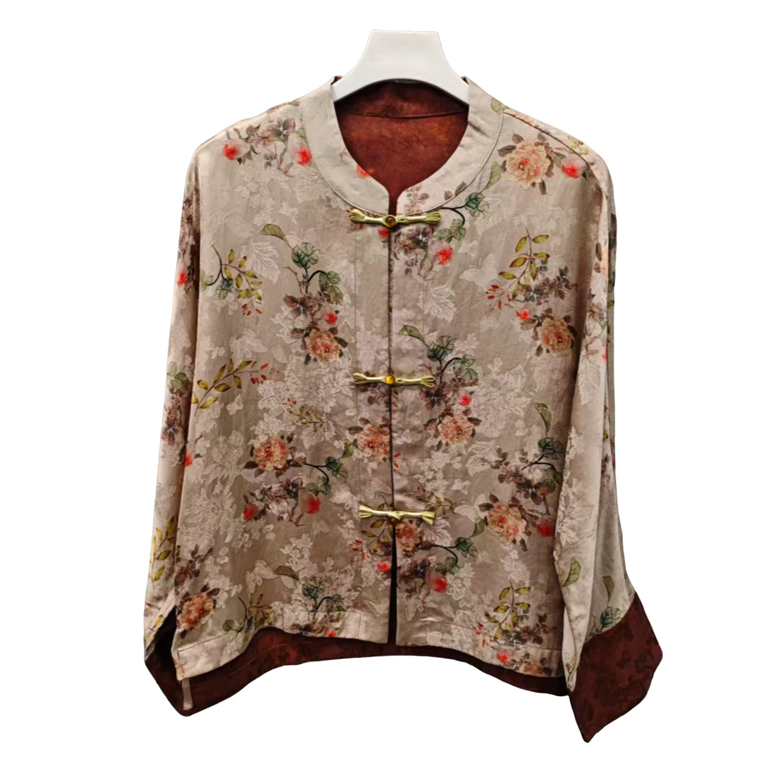 杭云社常规款直襟长袖薄款碎花立领上衣气质网红提花中国风小衫