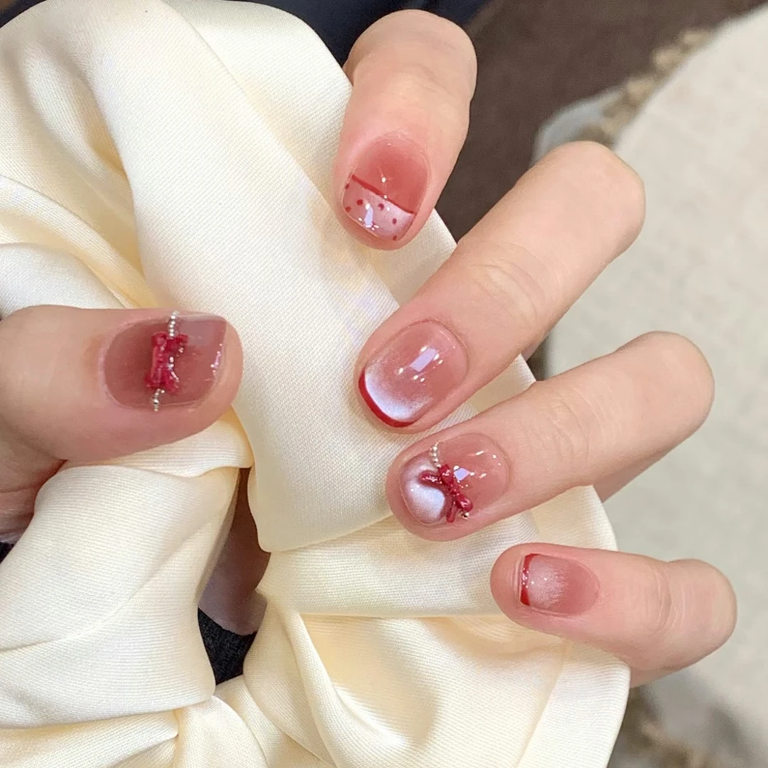 【莓果酱】新年显白法式蝴蝶结猫眼美甲纯手工穿戴甲短款日常美甲片