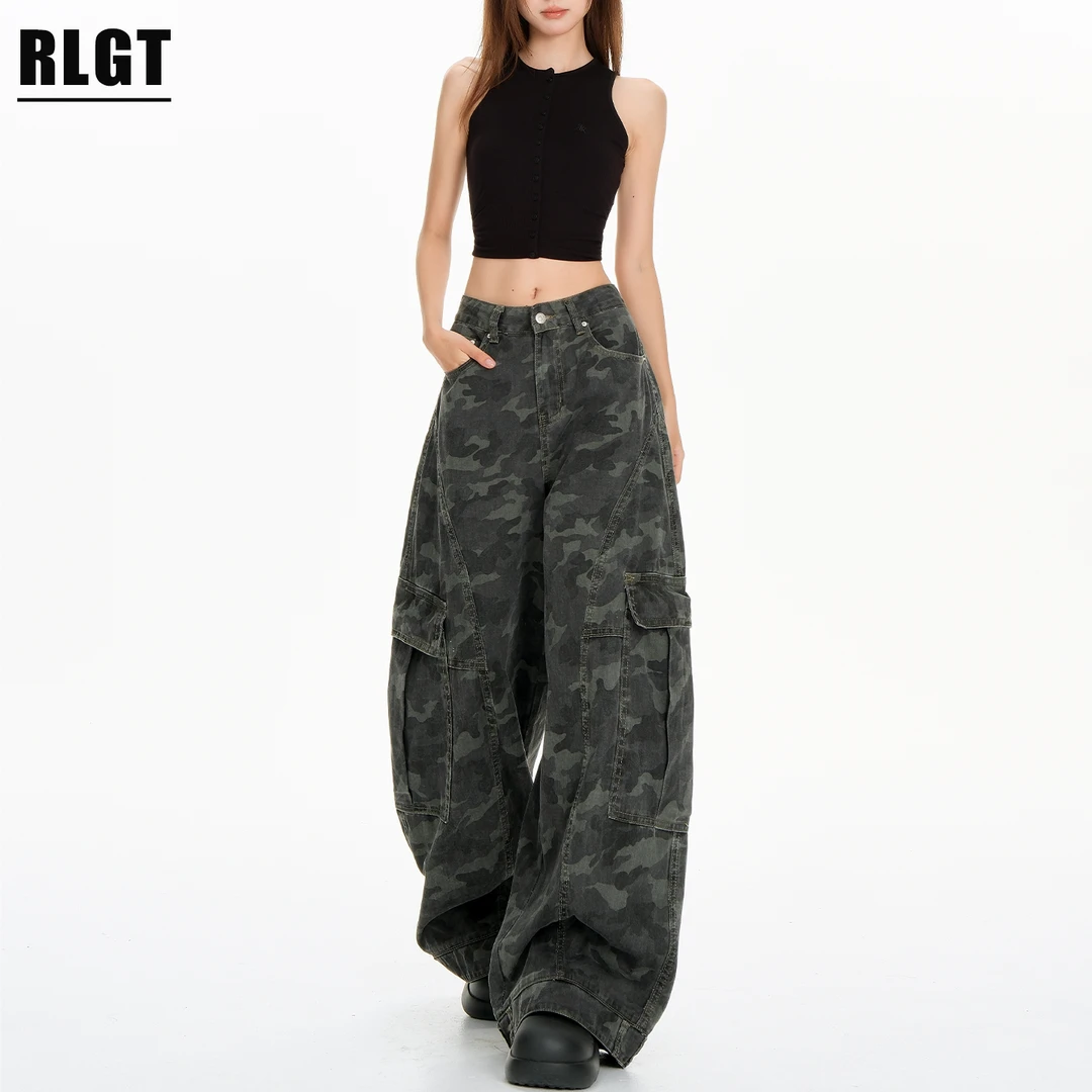 美式复古迷彩工装牛仔裤女春秋款2025新款辣妹高街休闲弯刀阔腿裤