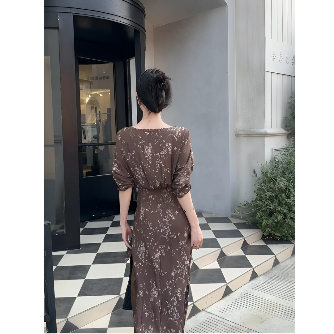 【花影】法式印花系带碎花连衣裙休闲收腰复古