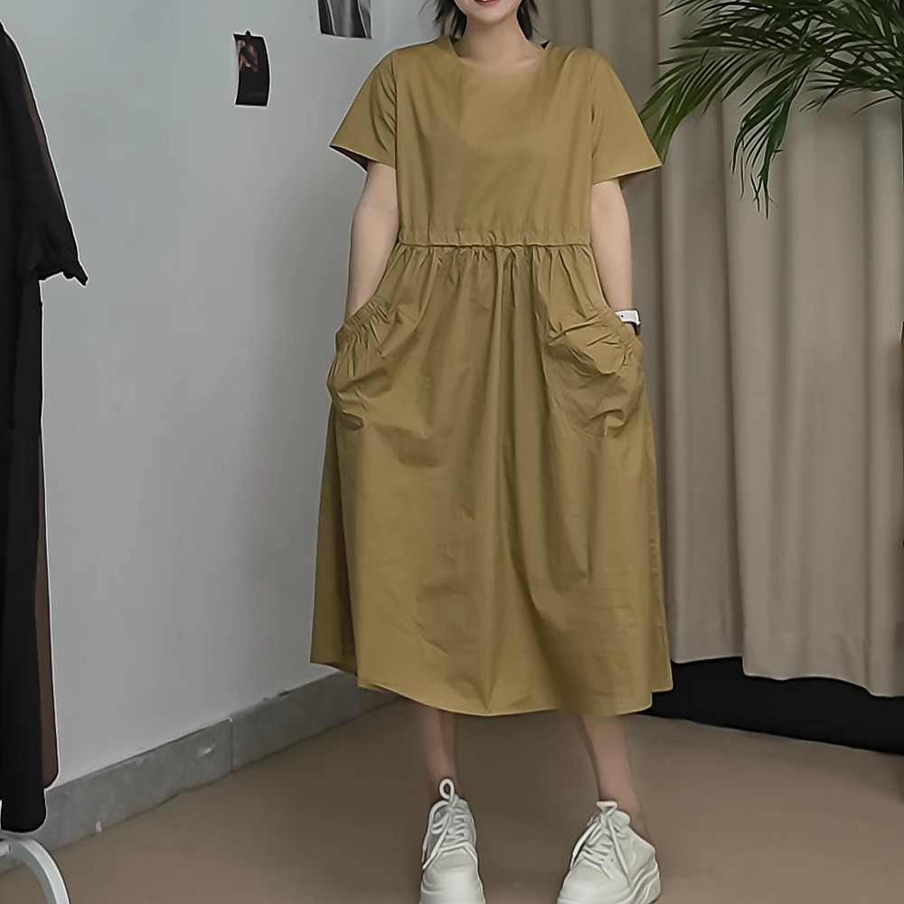 夏季新款简约百搭洋气宽松显瘦大码收腰中长款连衣裙夏款棉麻