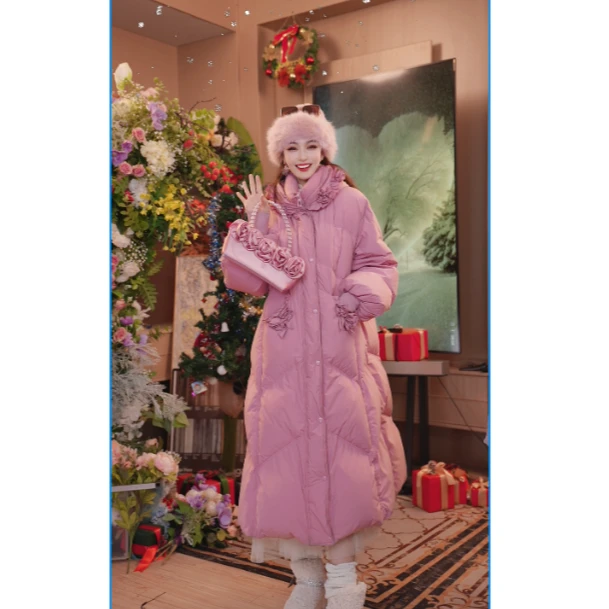 【新歌精选】冬季时尚优雅轻奢宽松长款颗粒绒拼接女羽绒服251P285