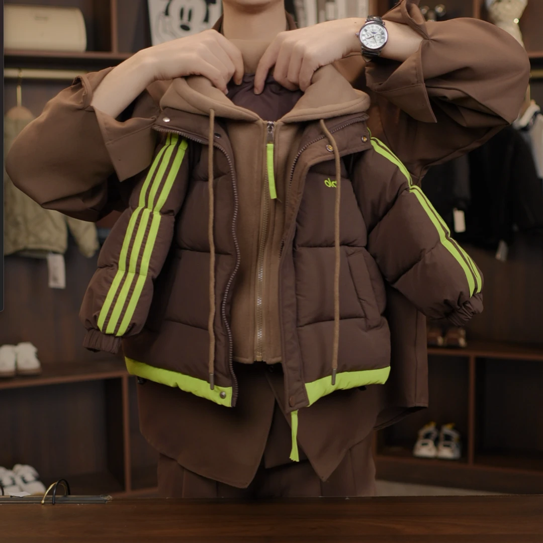 2025冬季假两件外套外套新款休闲时尚纯色儿童韩版棉服