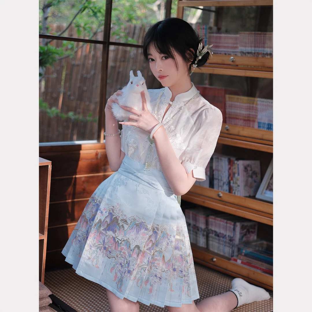 短裙套装-【万川境+刺绣短袖】明制仿妆花马面裙新中式短袖夏季日常