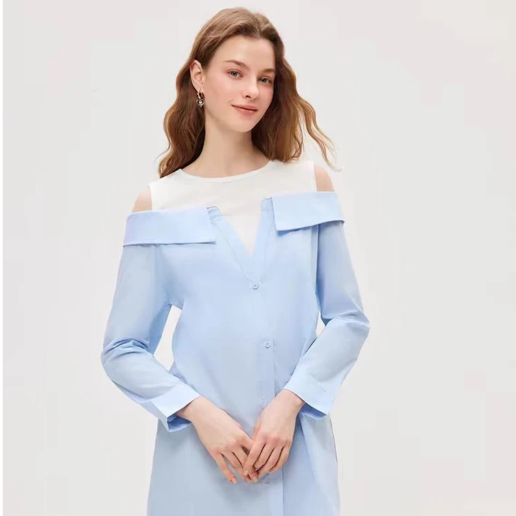 浅浅爱家2025春季新款假两件露肩小众设计感衬衫收腰显瘦长上衣潮