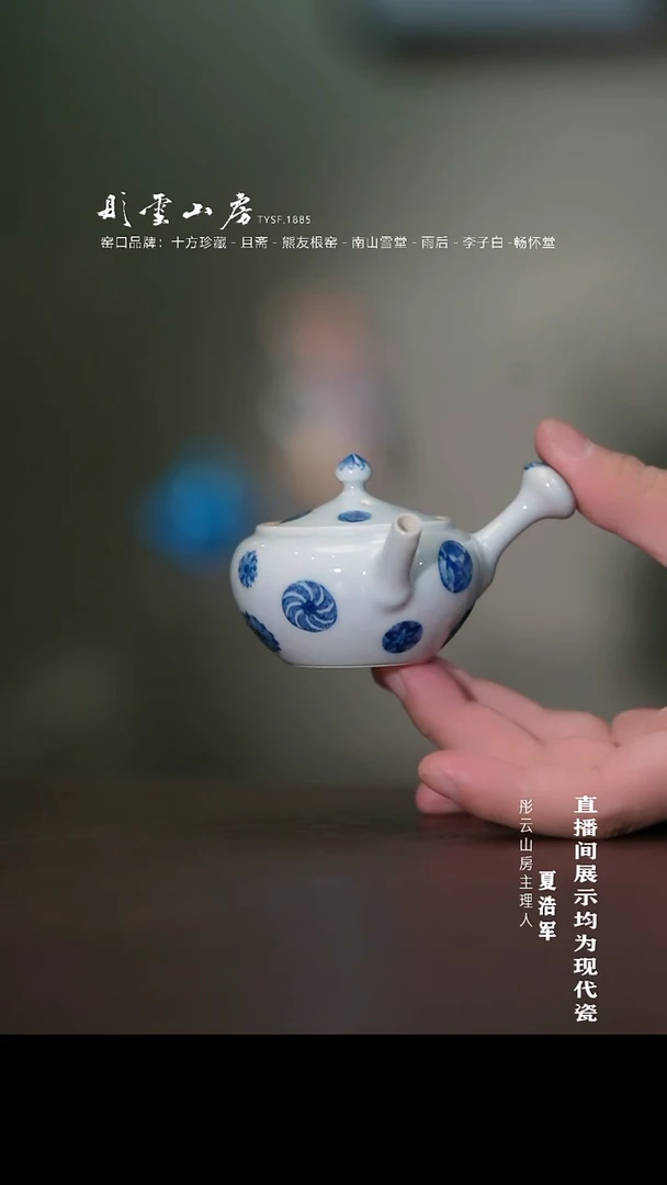 摆件南山雪堂青花球花小侧把壶