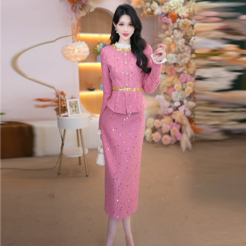 秋冬新款时尚小香风女装气质修身假两件重工亮片长袖连衣裙25102