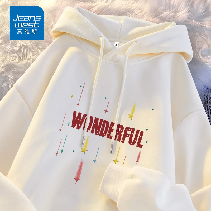 真维斯韩系穿搭连帽卫衣女款春秋季2025新款爆款潮牌米色薄款上衣