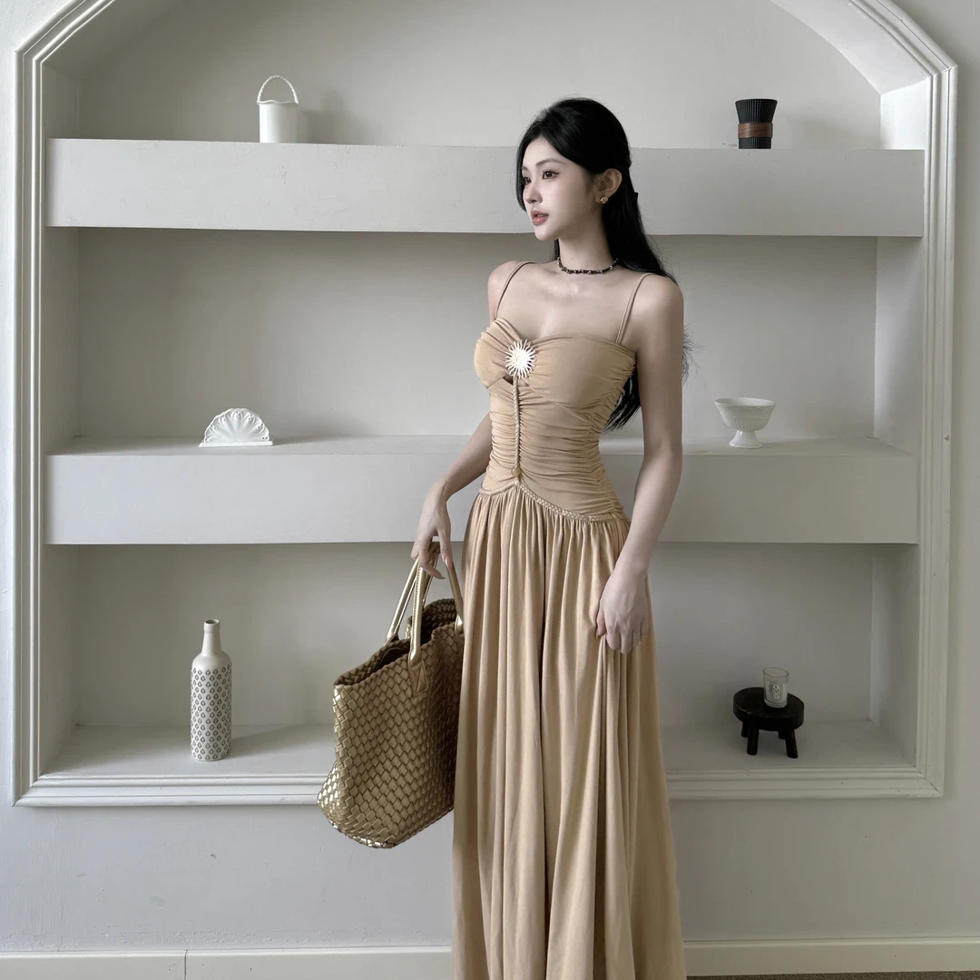 【运补6-8】希腊女神气质辣妹吊带连衣裙收腰显瘦度假拍照出片长裙