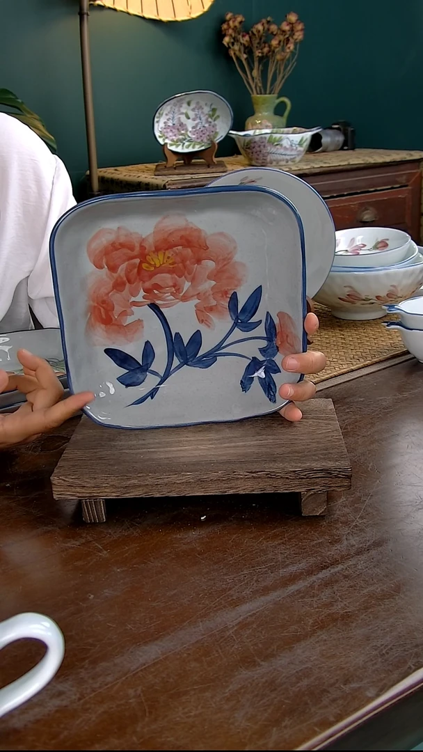 瓷片8英寸四方盘-红牡丹