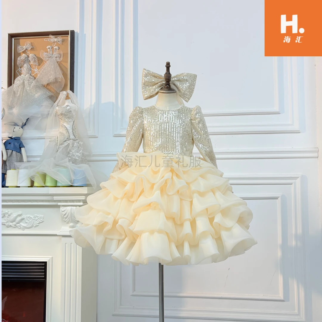 香槟金色短款秋冬长袖女童主持人礼服6-12岁生日演讲钢琴日常打卡