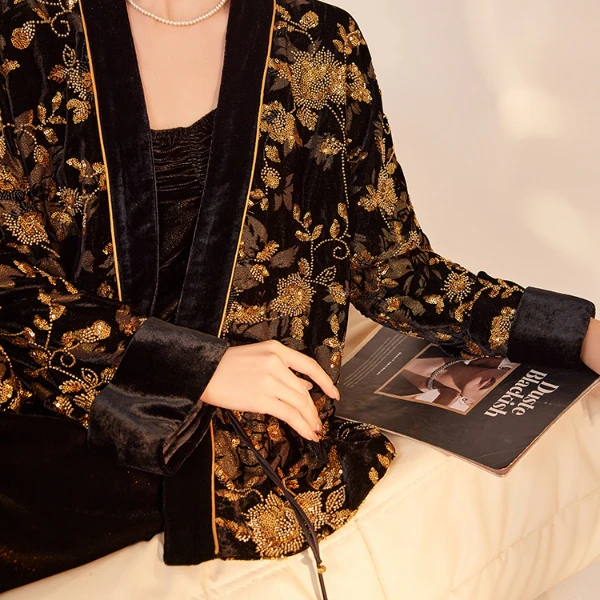 新中式重工绣珠亮片开衫国风桑蚕丝高级气质v领轻奢外套女  M8120