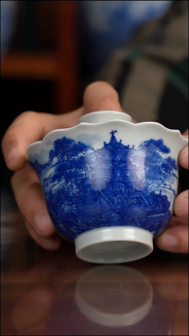 自成堂柴窑青花江楼揽胜图