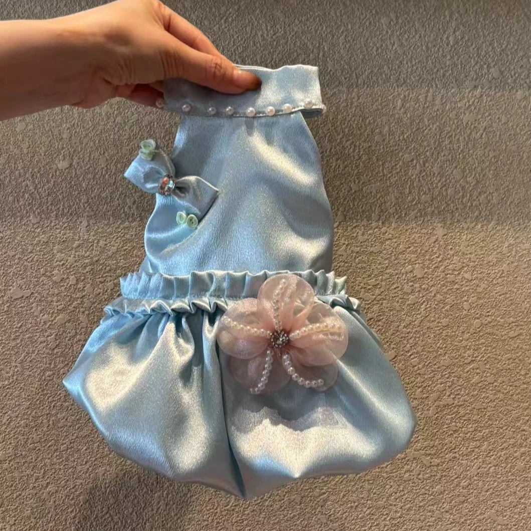 宠物高定连衣裙醋酸水蓝色面料优雅猫咪狗狗春夏款