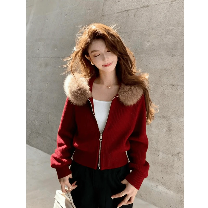 新年圣诞穿搭奶呼呼软糯慵懒风宽松毛领红色长袖针织衫毛衣女秋冬