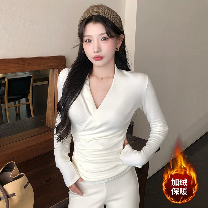 气质百搭长袖德绒内搭打底衫女秋冬交叉褶皱收腰V领修身显瘦上衣