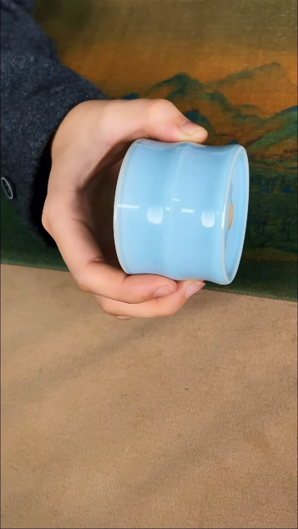 杯子瓷韩红 天青釉 竹节杯