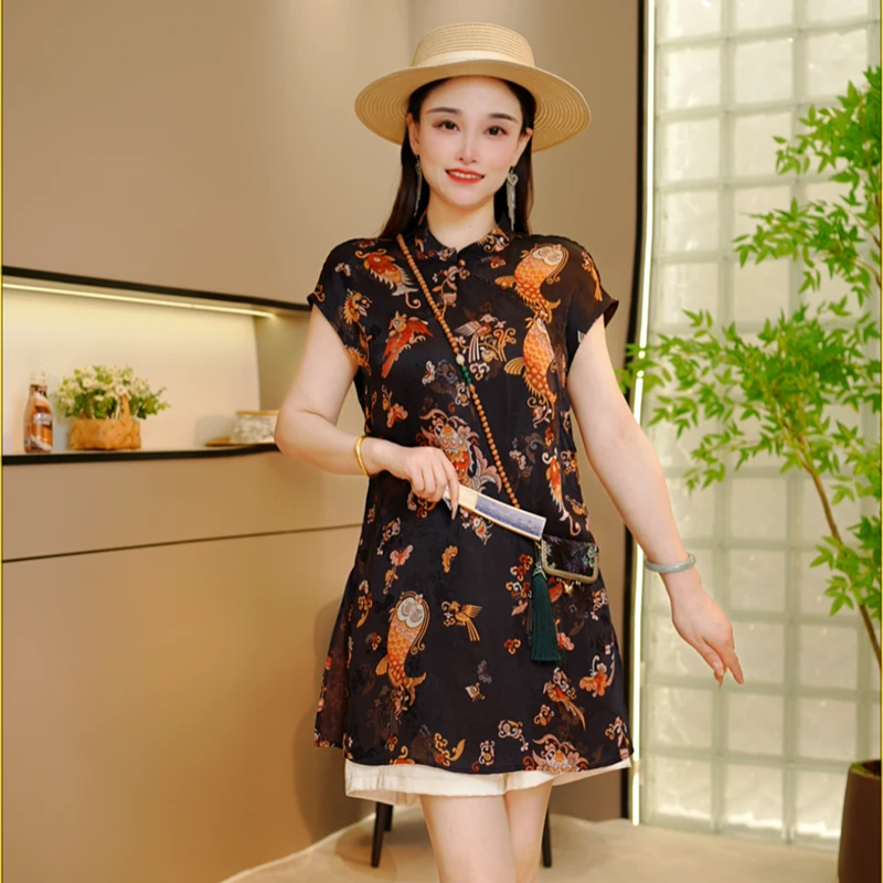 【鱼跃】新中式飞袖刻花国风奥黛款老钱风复古提花上衣女