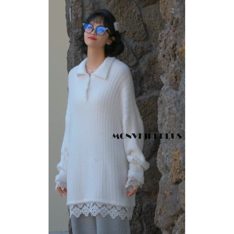 MoNvKiKiPlus2“李白“冬季加厚含蕾丝宽松打底长袖慵懒风毛衣#828