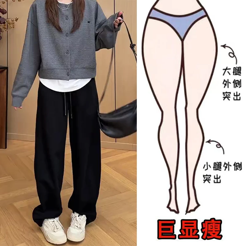 早秋新款时尚简约设计感休闲百搭遮肉显瘦高腰宽松直筒阔腿卫裤