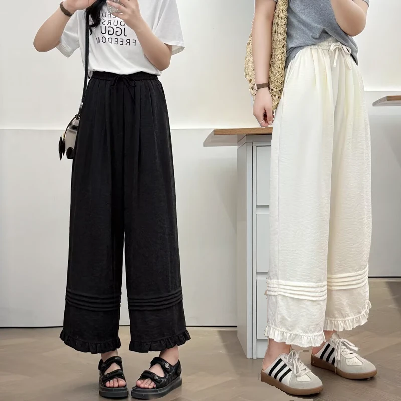 夏季薄款松紧高腰宽松显瘦休闲阔腿裤洋气花边拼接百搭九分裤2528