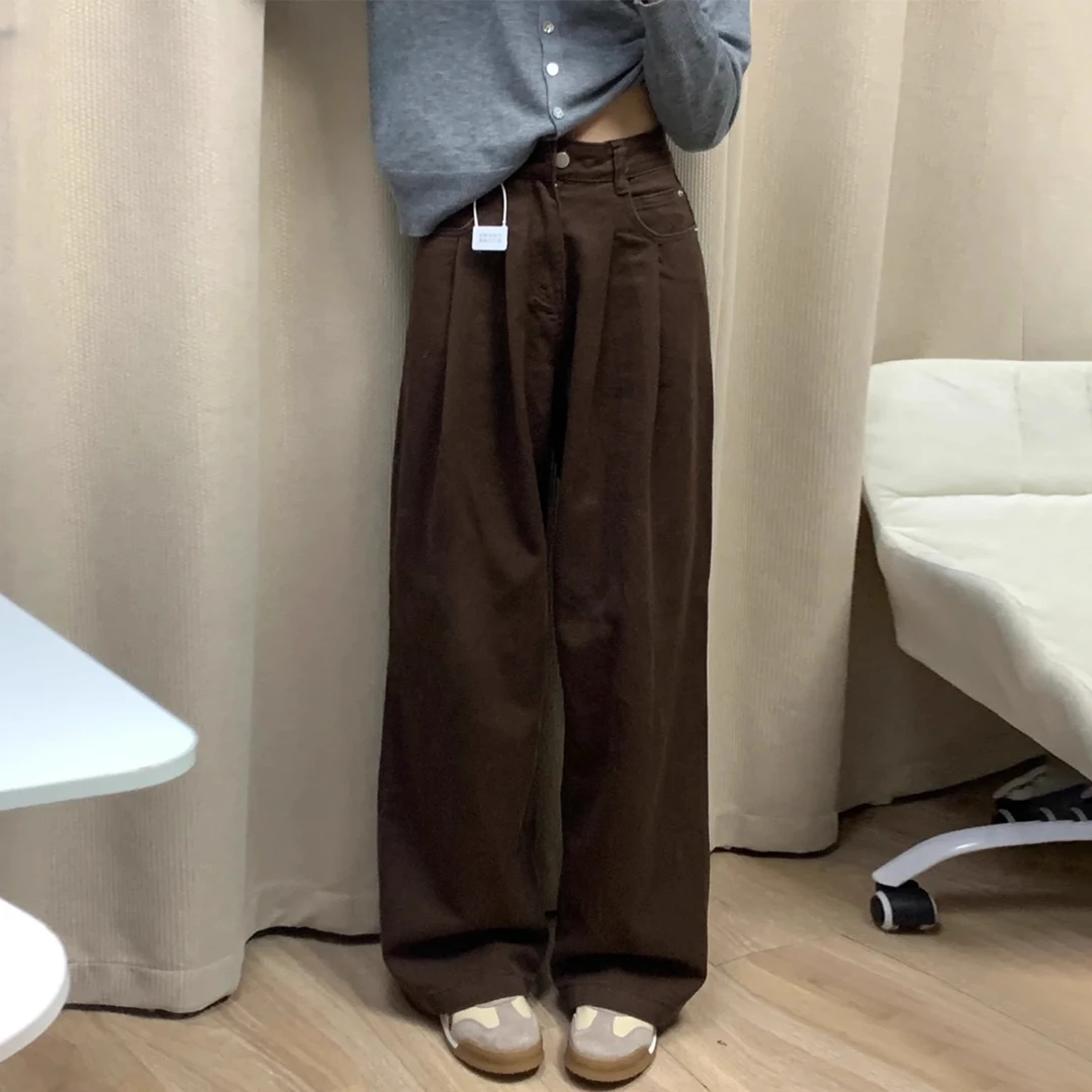 拉夏贝尔美拉德咖色牛仔裤女2025流行阔腿裤高腰显瘦宽松拖地裤