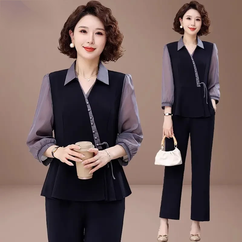 洋气质妈妈装春夏季新款时尚小衫套装中老年女显瘦气质上衣两件套