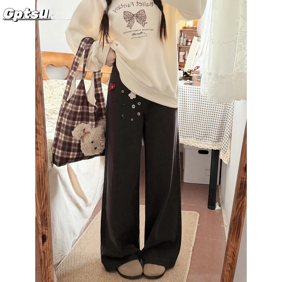 GPTSu花朵纽扣复古棕色直筒牛仔裤女秋冬胖mm宽松大码显瘦阔腿裤