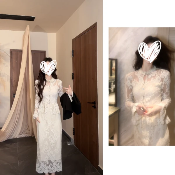 早秋优雅修身蕾丝套装长袖收腰直筒半身裙显瘦时尚气质三件套女