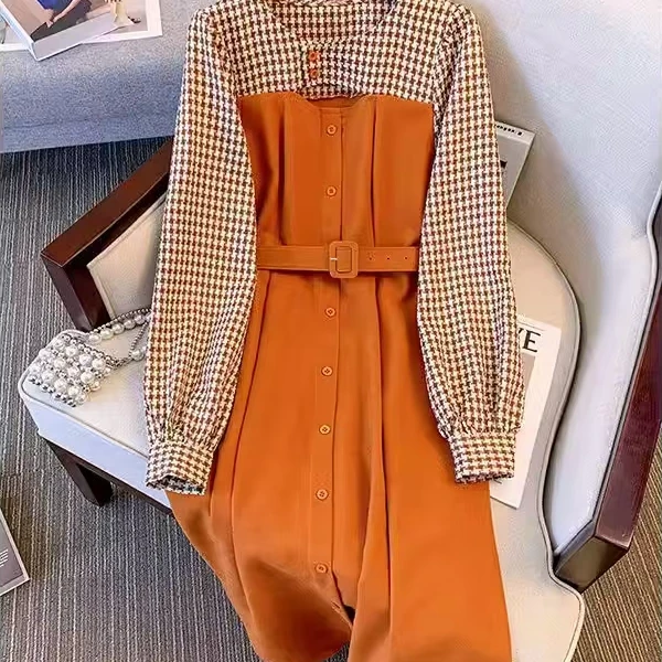 k546 新款韩版假两件连衣裙女大码复古干鸟格拼接遮肉显瘦长裙