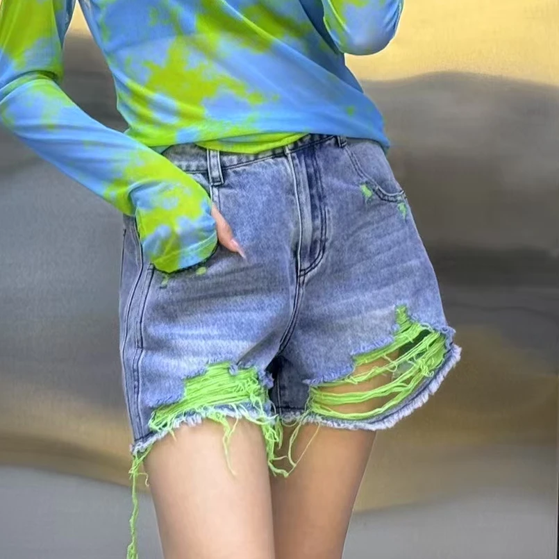 NONHUMAN彩色流苏破洞牛仔短裤水洗