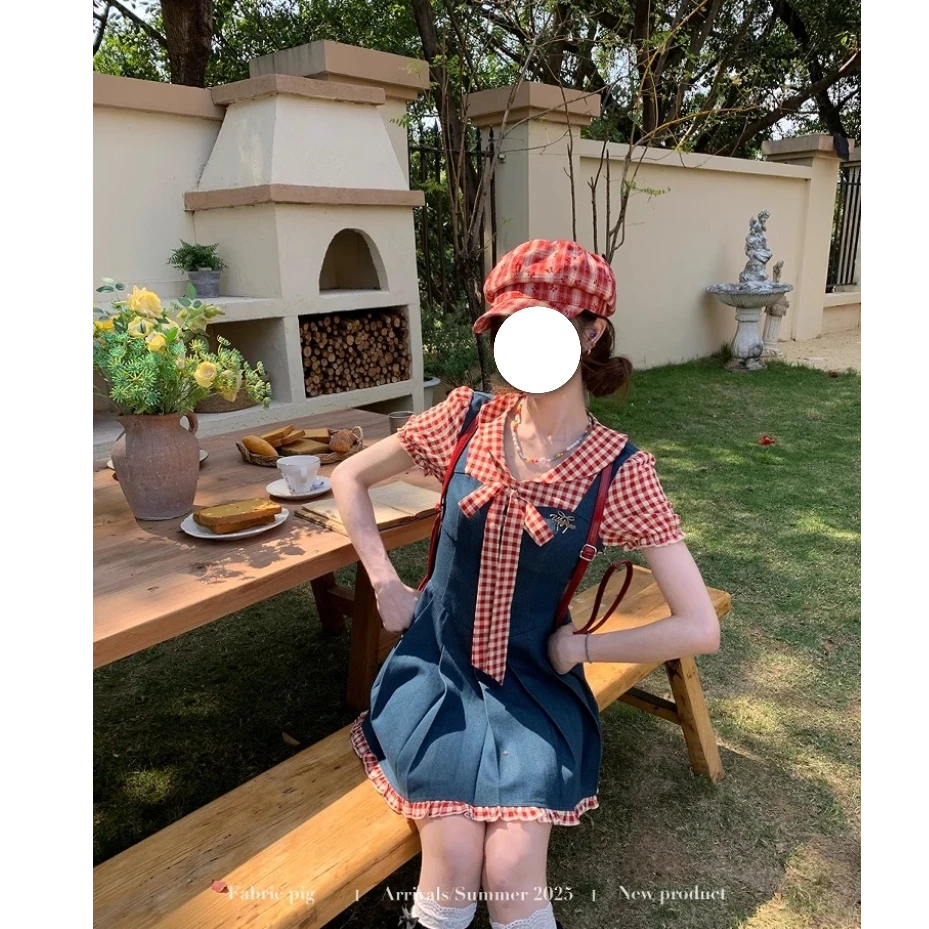 【树莓果酱】红色格子拼接撞色连衣裙女夏季泡泡袖减龄短裙显瘦复古