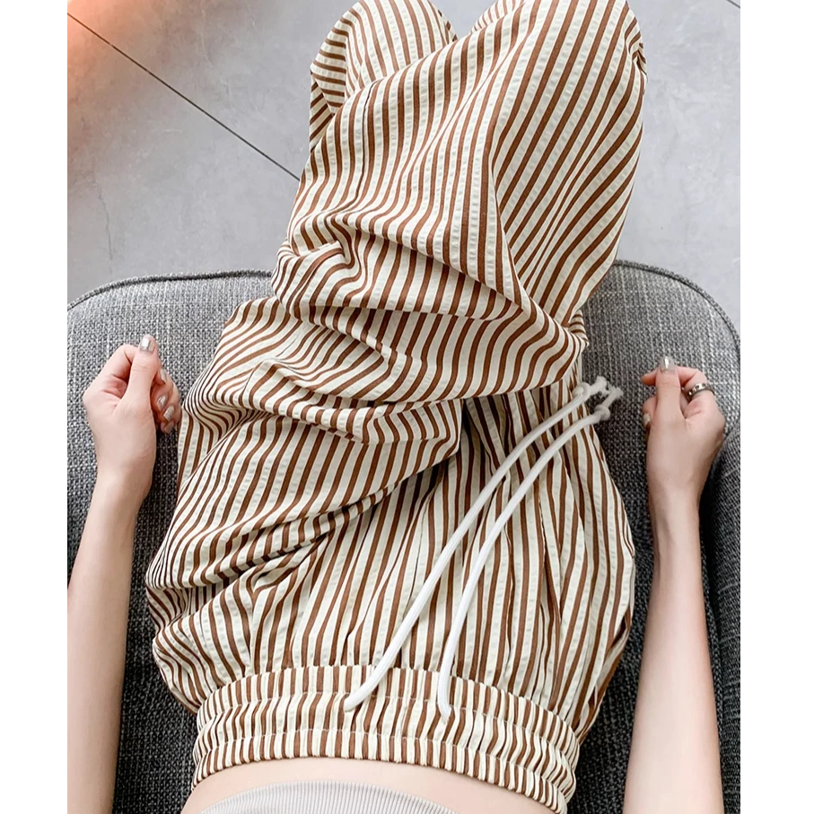 咖色条纹裤子女夏季薄款2025新款高腰垂感宽松显瘦直筒休闲阔腿裤