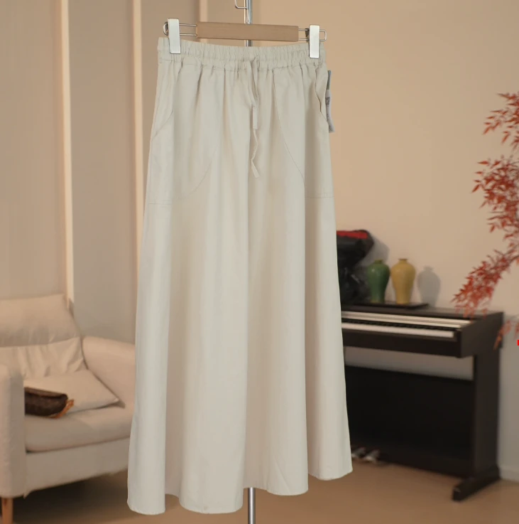G401 抽绳松紧高腰长款100棉半身裙 4380