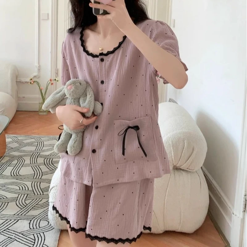 小香风花边波点云朵棉睡衣女夏季短袖短裤韩系甜美蕾丝家居服套装