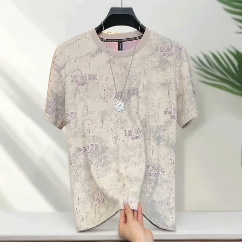 Hentilai夏季款短袖T恤男士薄款烧花时尚撞色百搭宽松圆领 半袖男