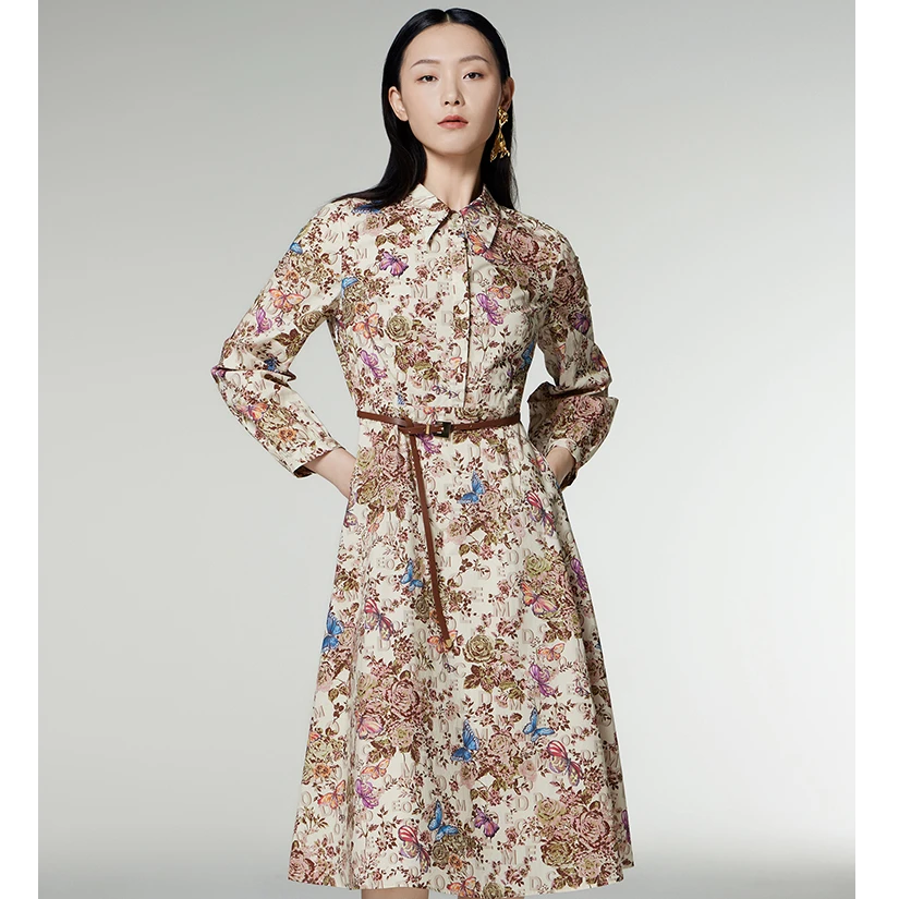 MEDECOO/墨蒂珂2024秋季新款 衬衫领长袖印花棉连衣裙女MID90419