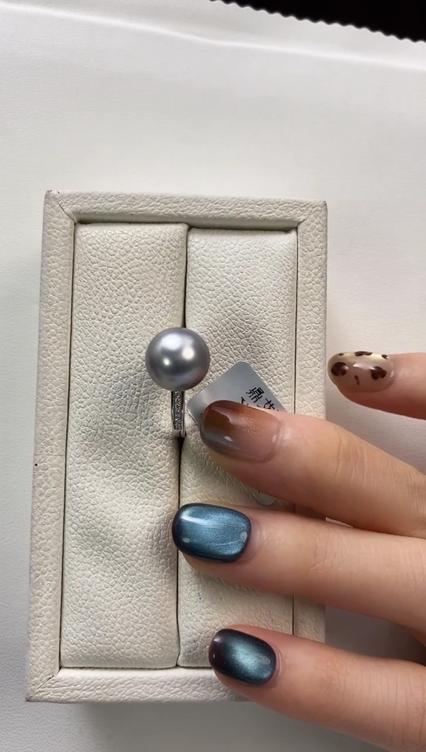 银S925镶嵌戒指海水珍珠11-12大溪地黑珍珠戒指