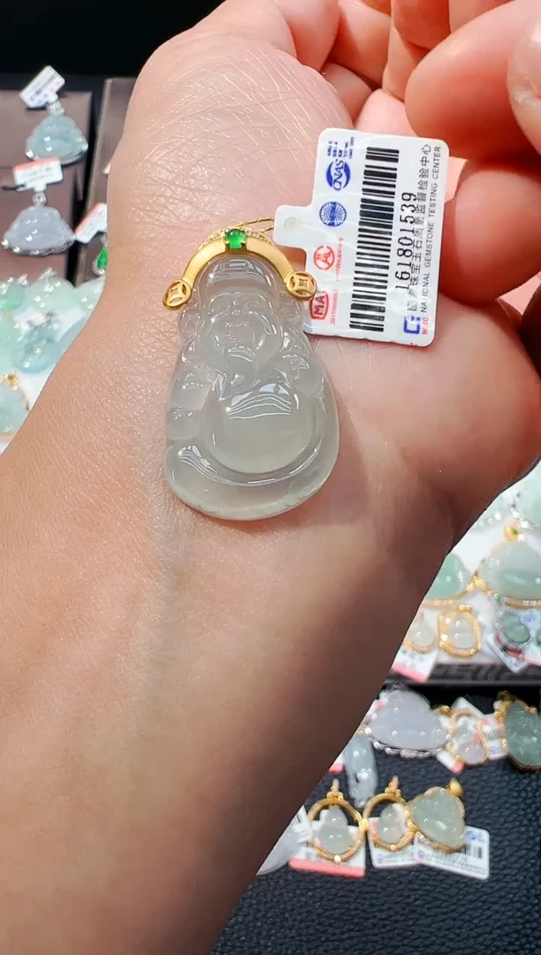 吊坠(不含链)18K金镶嵌翡翠财神爷吊坠
