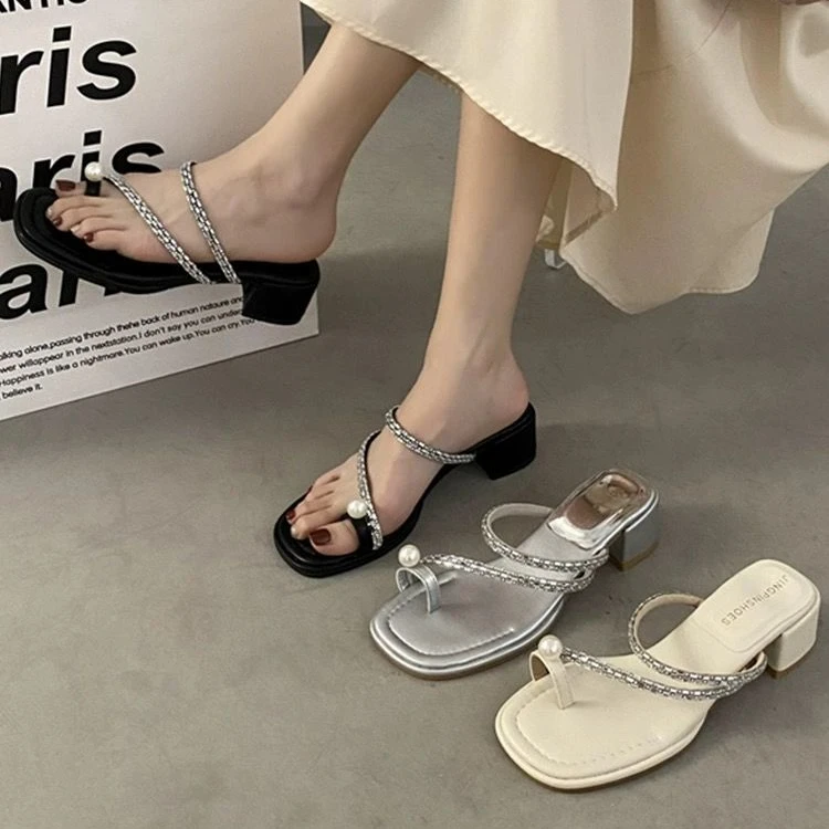 F水钻套趾拖鞋女夏外穿2025新款粗跟高跟仙女风罗马凉拖k