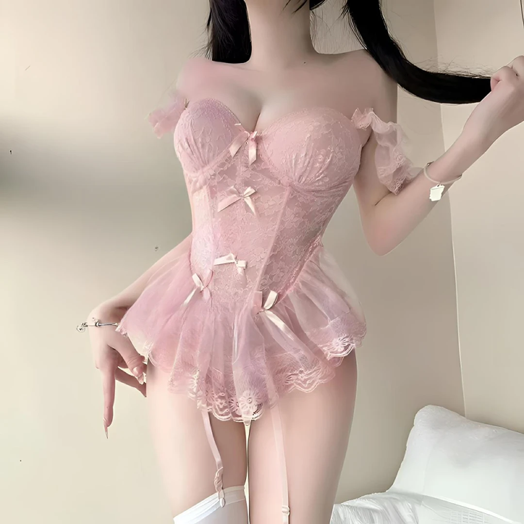 【蜜桃】蕾丝显瘦性感甜美修身鱼骨蝴蝶结蕾丝睡裙