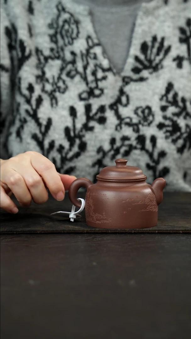 茶壶紫砂桂花紫泥悟钟刻绘200cc