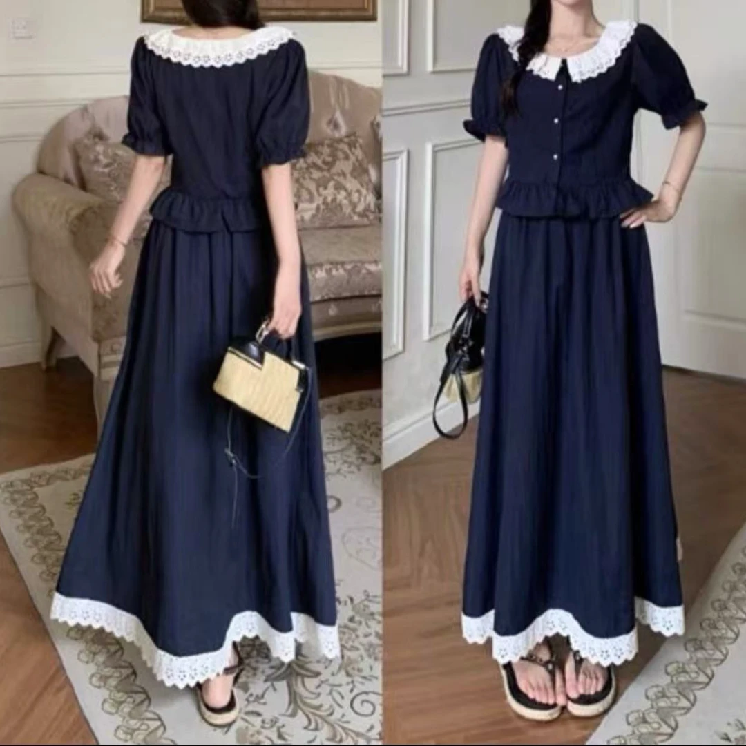 8180-C-两件套（蕾丝拼接衫+半身裙）显瘦大码甜美套装100-210斤