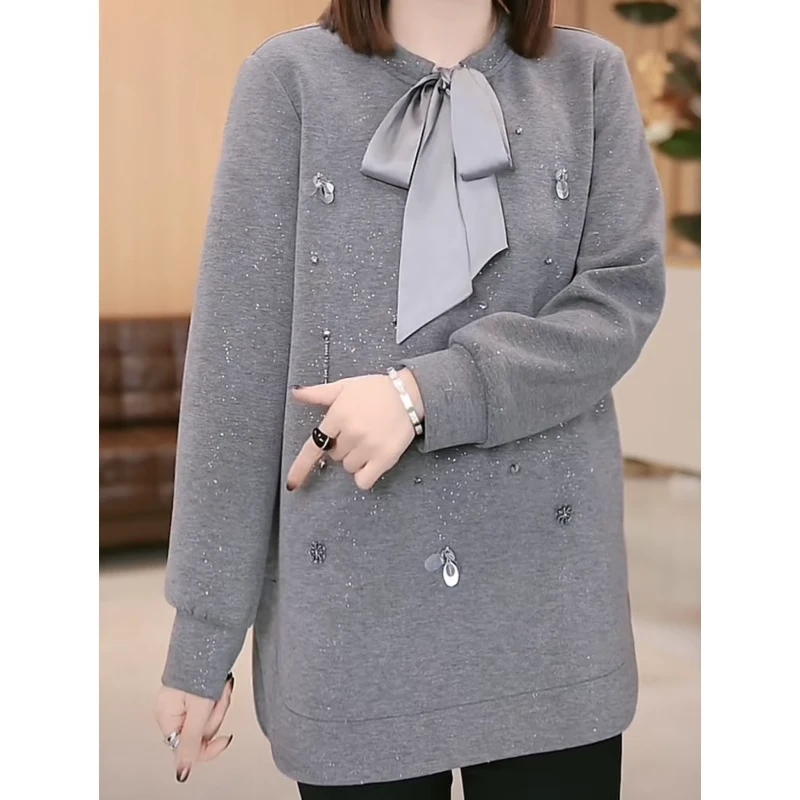 时尚减龄蝴蝶结卫衣女2025秋季大码胖MM气质百搭女士长袖灰色上衣