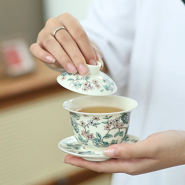 X937-山茶花白瓷三才盖碗JLT观音桥茶具泡茶