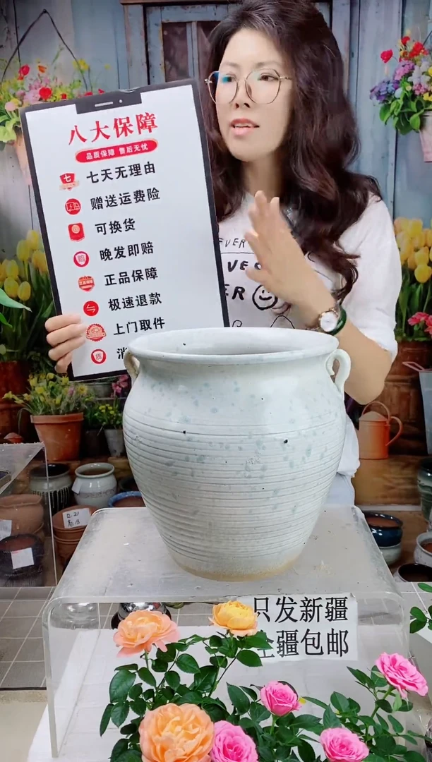 白色双耳大陶盆一个装