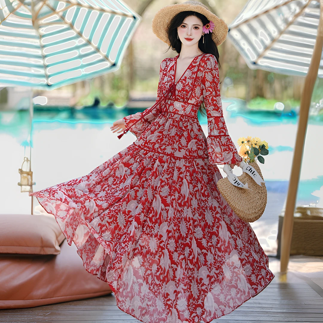 法式小众民族风复古红色碎花连衣裙春夏收腰显瘦海边度假长裙1275